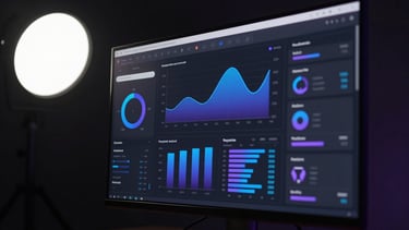 Extreme close-up angle of a dark-mode SaaS dashboard interface on a large monitor, cold studio strobe lighting from upper left, UI panels showing real-time data charts and system metrics in electric blue and violet, deep near-black background, no people, hardware-quality render