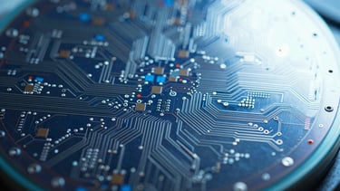 Macro close-up of a cleanroom silicon wafer, intricate circuit patterns visible, under cool blue and stark white laboratory lighting, high-contrast technical details, 50mm