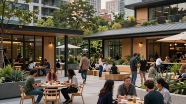 An outdoor photograph of a modern, eco-friendly community hub in a North American city, featuring people collaborating in a shared space.