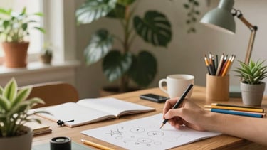 A lifestyle photograph of a family-friendly workspace in a North American home, featuring plants, warm lighting, and organized creative tools.