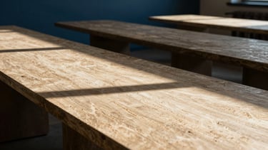 Wide-angle architectural detail of a modern regional meeting space, sharp natural sunlight casting long shadows across a large stone table, warm sand tones