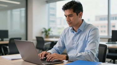 A Hispanic / Spanish-speaking legal professional in a bright, modern office in a major city. The individual is using a laptop with a focused and efficient expression. The setting features clean architectural lines, furniture in dark gray tones, and a bright blue folder on the desk. Soft natural lighting through large windows, professional photography style.