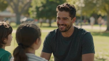 Candid, unposed shot of Nick smiling with his family in a sunny park, natural warm light, authentic and genuine moment.