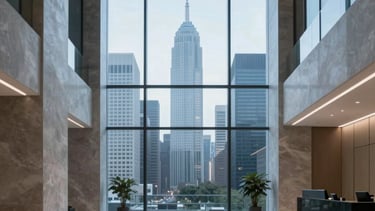 A sharp, professional photograph of a high-end corporate office lobby in a global financial district. The interior features minimalist architecture with polished stone and glass, bathed in soft blue and pale gray light. A large floor-to-ceiling window in the background shows a blurred, sophisticated international city skyline. International / Global.