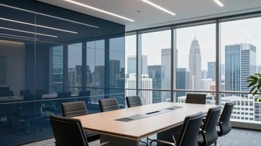 A wide-angle lens photograph of a modern, sophisticated corporate boardroom in a glass skyscraper overlooking a global city skyline, featuring Dark Blue and Off-White palette, clean and professional lighting, International / Global setting.