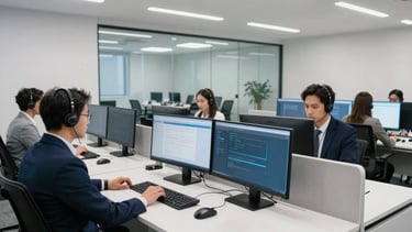 A wide photography shot of a modern, high-tech tele-attendance corporate office in a South American / Brazilian urban district. The scene shows professional workstations with dual monitors and ergonomic headsets under clean, cool-white lighting with navy blue accents. A glass-walled meeting room is visible in the background, conveying efficiency and advanced technology.