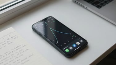 Overhead of a desk with an Android phone showing a retention curve data visualization, a notebook with handwritten notes visible beside it, daylight from a window above, clean workspace environment, tight crop