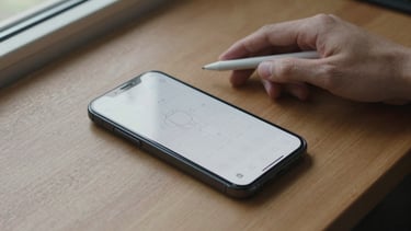 Overhead view of an Android phone on a wooden desk, app wireframe visible on screen, a hand resting nearby with a stylus, daylight from a side window casting soft shadows, tight crop of the planning session
