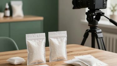 Professional photography from a Portuguese-speaking European agency studio. A high-end Scandinavian-style interior with light wood surfaces. Behind the scenes view of content planning for silica gel products, showing a high-quality camera on a tripod focusing on clean white desiccant packets arranged elegantly on a table. Matte forest green accents and warm lighting.