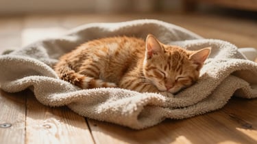 A fragile ginger kitten sleeping safely in a warm, sunlit fleece blanket on a wooden floor, soft golden hour glow.