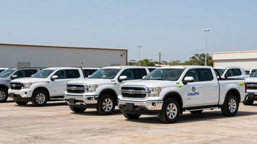 Branded ACH Safety Group fleet vehicles, pickup trucks and SUVs, parked in a row at a Cypress, Texas industrial yard under clear midday sun, ready for deployment, high-visibility accents.