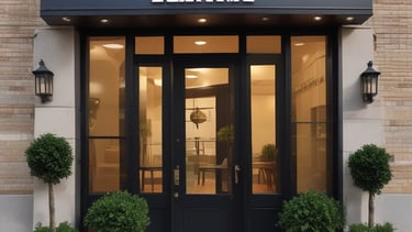 A stylish commercial entrance adorned with lush green planters