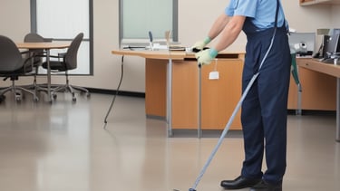 Janitorial staff efficiently cleaning an office hallway with modern equipment