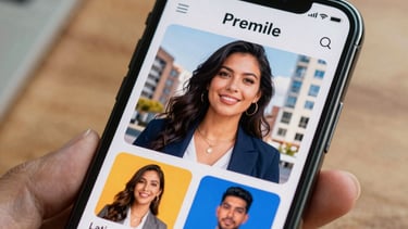 Close-up of a smartphone displaying a premium mobile application with a vibrant but professional color scheme. Soft focus on a wooden background, Latin American / Hispanic urban office vibe.