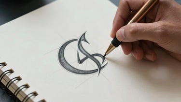 Close-up of a designer sketching a logo concept in a high-quality sketchbook. Warm bronze pen, muted steel blue tones in the environment, Latin American / Hispanic professional setting.