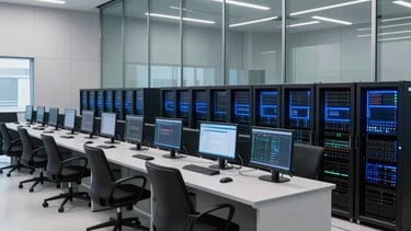 A wide-angle professional photograph of a modern, high-tech security operations center in a North American corporate building. The room features large glass panels reflecting soft light gray and dark blue hues from server indicators. The lighting is cool and sophisticated, using a palette of white, light gray, and deep navy blue to convey innovation and security.