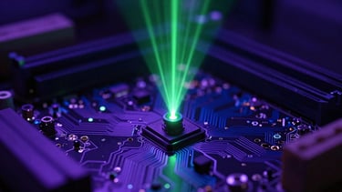 Macro close-up of a high-end motherboard with glowing violet and deep blue circuits, illuminated by a single sharp beam of lime-green laser light, dark editorial photography, 35mm