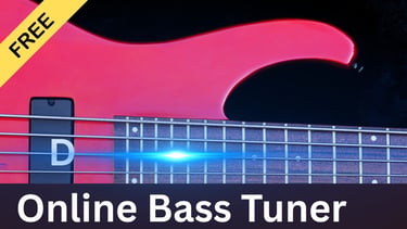 Red electric bass guitar fretboard featuring a free online bass tuner app display for tuning strings.