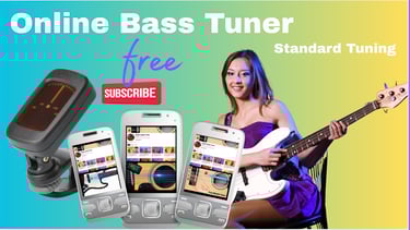Woman playing electric bass next to a free online bass tuner app.