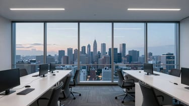 A wide-angle, minimalist photograph of a sleek, high-end North American creative agency office with floor-to-ceiling windows showing a soft city skyline at dusk. The interior features white desks, charcoal grey chairs, and a professional, calm atmosphere with cool blue ambient lighting.