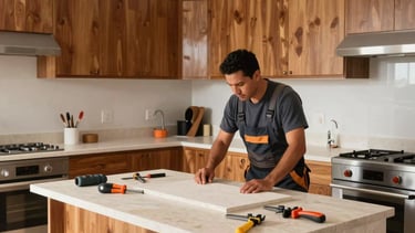 A wide-angle photography shot of a modern and clean kitchen renovation in progress within a Latinoamericano / Hispano home. A professional handyman in clean work attire is inspecting a newly installed stone countertop. The lighting is bright and natural, reflecting off high-quality wooden cabinets. The scene includes professional tools organized on a pale beige surface, with sandy orange accents in the decor.