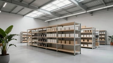 Wide architectural shot of a modern, clean, minimalist warehouse interior, high ceilings, soft green plants in the corner, diffused natural light pouring through skylights, organized shelves.