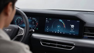 Over-the-shoulder shot of a clean, modern dashboard with technical data visualizations, cool lighting, precise layout