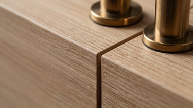 Tactile macro shot of raw premium wood grain meeting brushed bronze fixtures, soft directional lighting