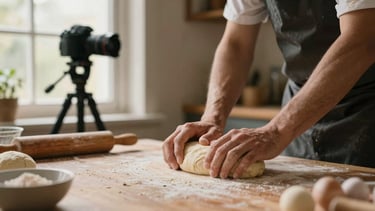 Camera on a tripod in a rustic kitchen, natural window light, capturing a chef's hands kneading dough, warm editorial food photography, shallow depth of field, 35mm film