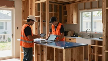 A wide-angle interior photograph of a kitchen mid-renovation in a North American / US (Los Angeles) home. Exposed wooden studs and open cabinetry reveal the transformation process. A professional contractor in a construction orange vest stands near a steel blue countertop sample, reviewing a digital tablet. Natural daylight streams through a window, highlighting the gritty but organized rebuilding atmosphere.