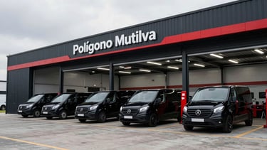 Wide panoramic shot of the exterior of a clean modern industrial nave in Polígono Mutilva, overcast daylight, commercial delivery vans parked outside, professional automotive workshop setup