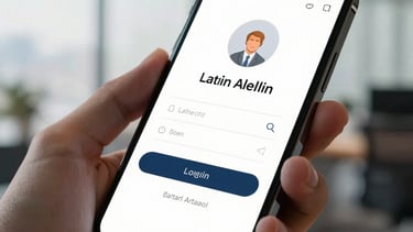 Close-up of a high-end smartphone showing a clean login interface for a web application. Soft morning light in a professional Latin American office.