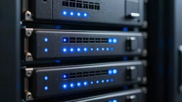 Macro photography of a server room with soft blue indicator lights, representing high-performance hosting and database management. Elegant and technical atmosphere.