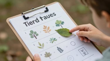 A close-up shot of a hand holding a printed nature worksheet on a clipboard, a child pointing at a leaf in the background, soft outdoor daylight.