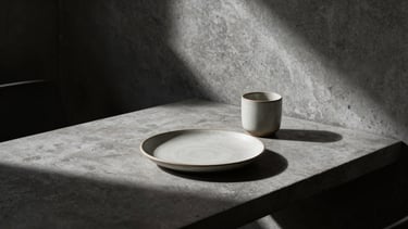 Minimalist empty table setting in a modern concrete bistro, dramatic side-lighting casting long shadows, a single ceramic cup, 50mm lens