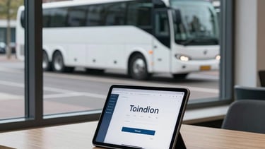 A professional and clean office interior in a Dutch city. A wooden desk holds a tablet showing a login screen for a transport management app. Through a large window, a modern white coach bus is parked on a clean street. Soft daylight, professional atmosphere, featuring steel blue and slate gray accents.