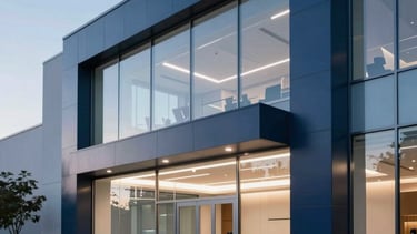 Professional North American / US commercial real estate office lobby. The scene conveys modern professionalism and efficiency with clean architectural lines, glass partitions, and a sophisticated atmosphere. Lighting is bright and airy with deep navy blue and soft sky blue color accents. High-quality photography, sharp focus.
