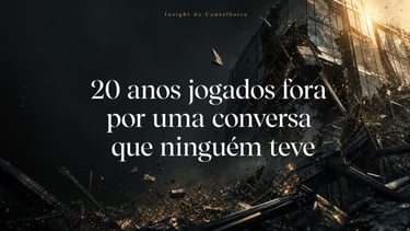 Dramatic image of a shattering building with the text 20 anos jogados fora por uma conversa que ninguém teve.