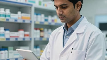A professional South Asian pharmacist in a white coat stands in a clean, modern pharmaceutical facility in India, holding a tablet for inventory management. The setting is bright and clinical, with shelves of medical supplies in a soft blurred background, featuring a professional palette of medium blue and off-white.