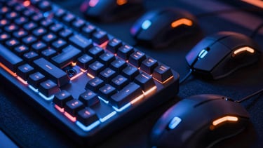 Extreme close-up of mechanical keyboards and glowing optical mice under cool blue and neon orange ambient LED light on a dark tournament stage, sharp focus, 35mm