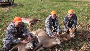 Three hunters posing in a field with multiple harvested whitetail bucks.