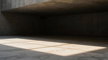 Minimalist empty gallery hall with high concrete ceilings, a single shaft of golden hour sunlight illuminating a polished white marble floor, dramatic shadows, luxury editorial photography, 35mm