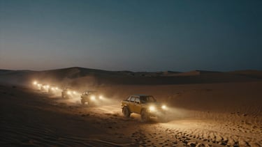 Extreme wide anamorphic shot of a desert landscape at twilight, warm tungsten headlights cutting through dust