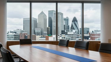 A sophisticated, bright office interior in Canary Wharf, London, featuring floor-to-ceiling windows with a view of the financial district. A professional meeting table is in the foreground with polished wood and slate blue accents. The lighting is calm and professional. Northern European / British.