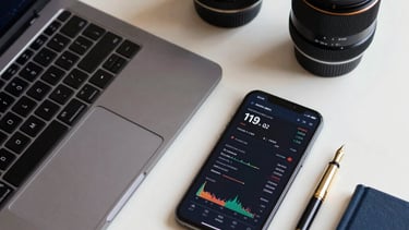 A top-down professional photograph of a high-end Northern European workspace. A sleek laptop, a modern smartphone showing financial metrics, and a gold-nibbed pen rest on a polished off-white surface. Deep navy accents in the accessories reflect a sophisticated and premium financial services aesthetic.