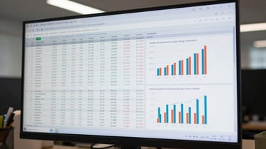 Wide monitor screen showing a financial report open in a browser tab, rows of data tables and bar charts clearly readable, cool even overhead office lighting, no hands, flat workspace environment, screen fills most of frame
