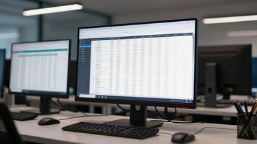 Wide environmental shot of a desk workspace in focus mode, large monitor showing an embedded financial report with rows of figures and a sidebar navigation, second smaller screen with a spreadsheet, cool overhead ambient light, no person visible, clean minimal desk surface