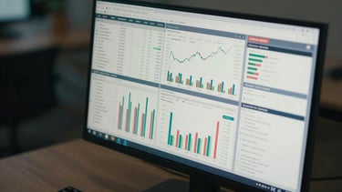 Close-up overhead shot of a large monitor displaying a dense financial dashboard with multiple data tables, bar charts, and KPI tiles, cool ambient office lighting, screen content sharp and legible, keyboard edge visible at bottom frame