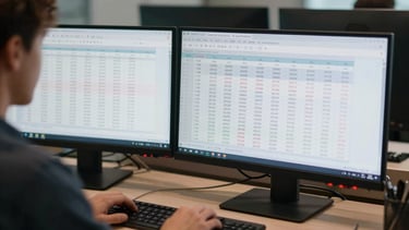 Over-the-shoulder wide shot of an analyst at a desk, two monitors showing spreadsheet data tables with row-level financial figures, cool even office ambient light, keyboard and trackpad visible in foreground, focus on screen content