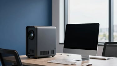 Clean and modern Latin American office space with high-end tech equipment on a desk, soft daylight coming through window, decorated in Navy Blue and Lead Gray tones, professional corporate photography.